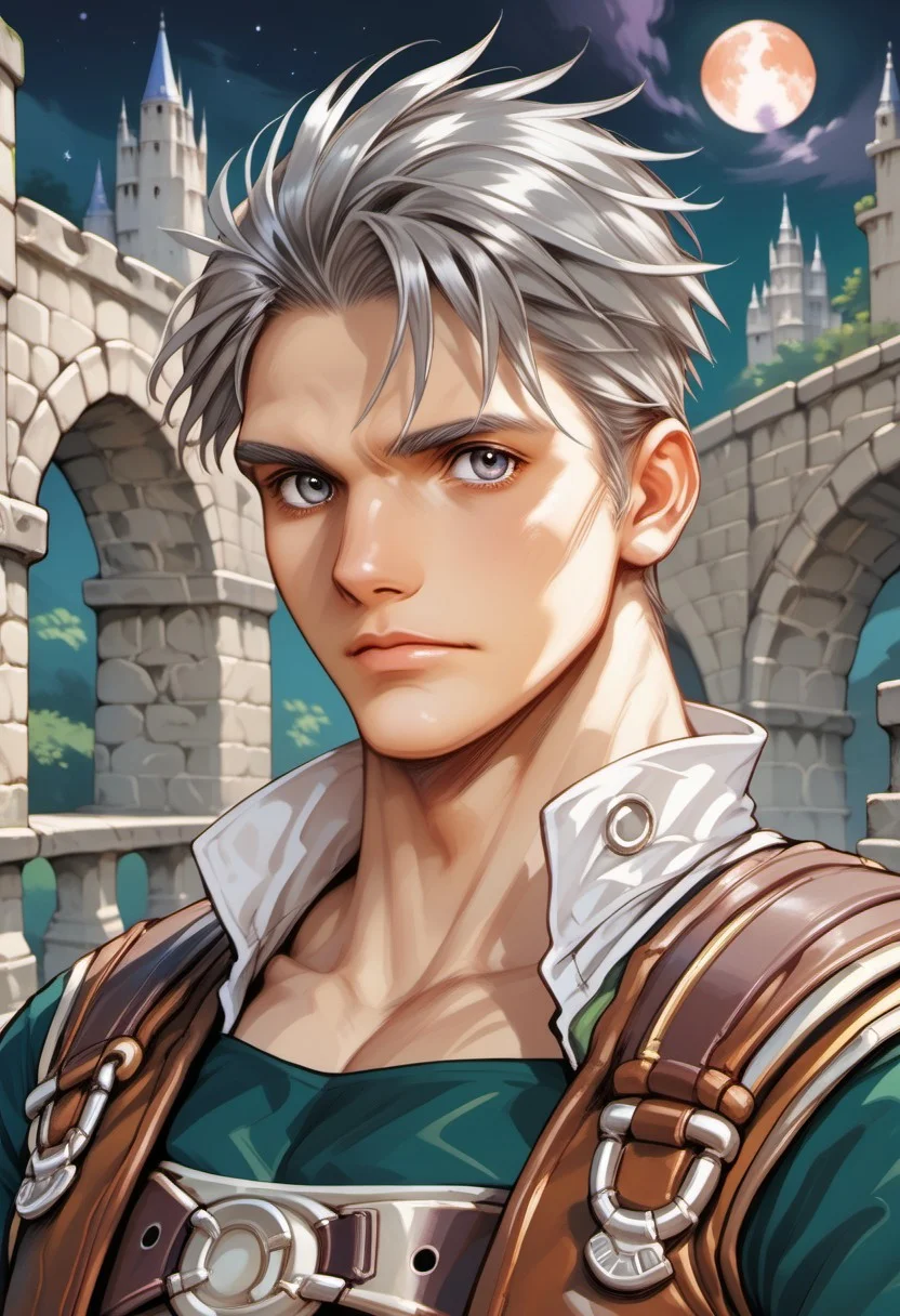 score_9, score_8_up, score_7_up, source_anime, Nathan standing with a single hawk perched on his arm, natgra2, gray eyes, short hair, silver hair, steel greaves, plated footwear, brown skirt, black pants, green shirt, brown leather vest, silver belts, white gloves, silver chest plate, looking at viewer, (((hawk))), csdb, castle background, stone bridge, bright moon, night, ((mature face)), (((hawk perched on arm)))