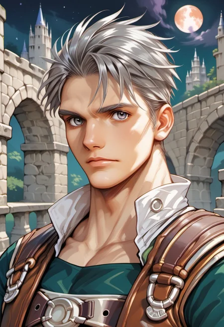 score_9, score_8_up, score_7_up, source_anime, Nathan standing with a single hawk perched on his arm, natgra2, gray eyes, short hair, silver hair, steel greaves, plated footwear, brown skirt, black pants, green shirt, brown leather vest, silver belts, white gloves, silver chest plate, looking at viewer, (((hawk))), csdb, castle background, stone bridge, bright moon, night, ((mature face)), (((hawk perched on arm)))