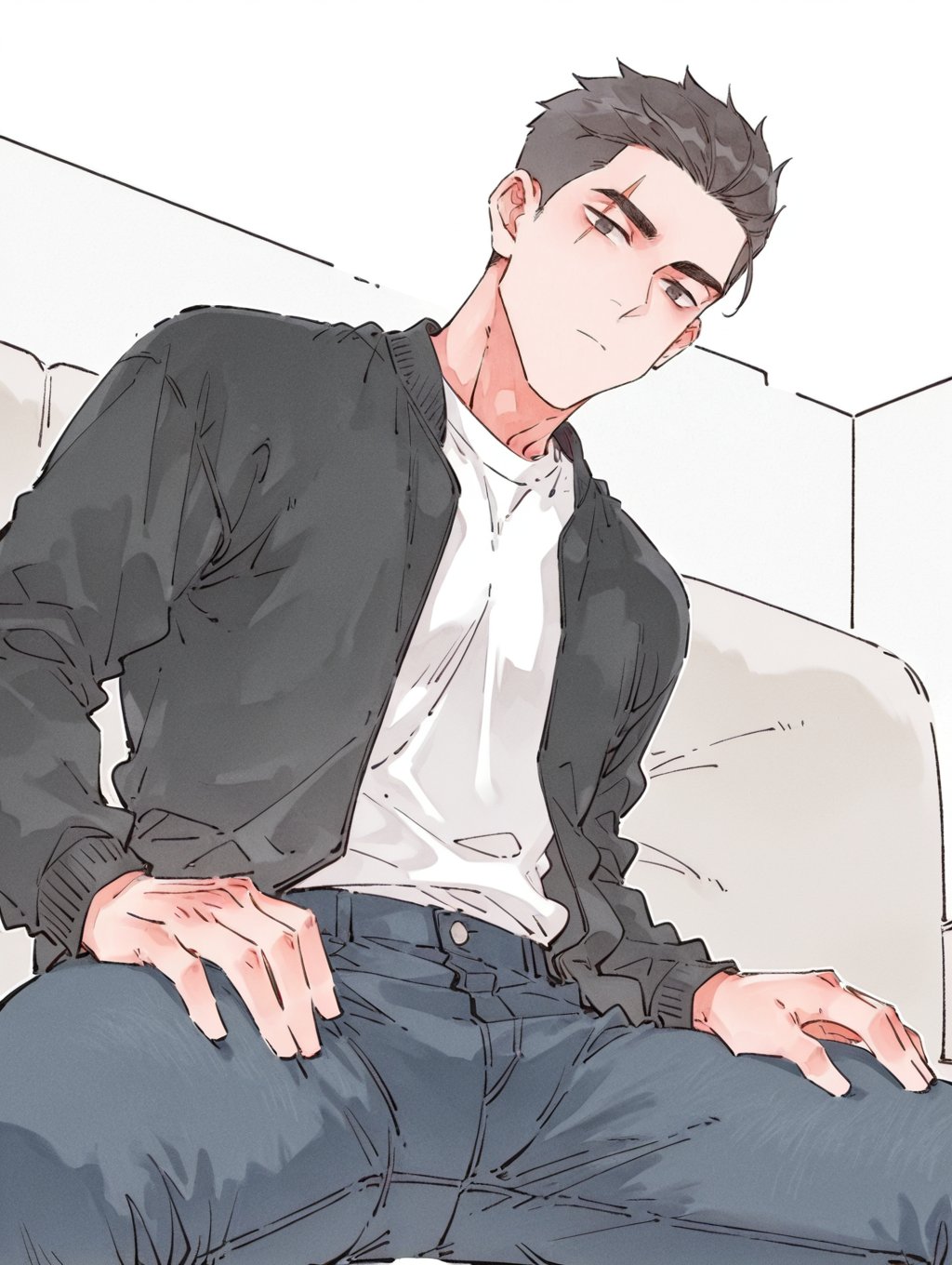 uncensored, intricately detailed illustration, masterpiece, best quality, amazing quality, very aesthetic, absurdres, newest, watercolor (medium), male focus, QiShiAOY, black hair, black eyes, scar across eyes, 1boy, solo, cowboy shot, from below, couch, sitting on couch, muscular male, spread legs, black jacket, open jacket, white shirt, jeans, black jeans, hands on own thighs