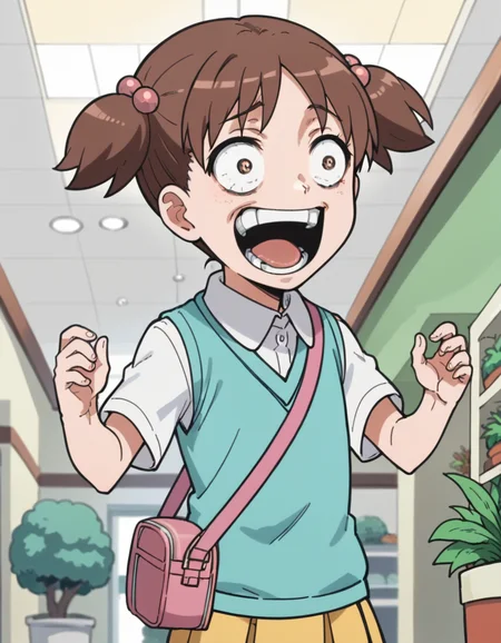 score_9, score_8_up, score_7_up, source_anime, <lora:kana-hazamaya-s1-ponyxl-lora-nochekaiser:1>, kana hazamaya, short hair, brown hair, hair ornament, twintails, brown eyes, hair bobbles, short twintails, child, anime screencap,, skirt, school uniform, sweater vest, blue sweater vest,, nuclear powerplant, radiation, cooling towers, danger, energy, smile, <lora:enel-face-ponyxl-lora-nochekaiser:1> enel face, open mouth, wide-eyed, teeth, tongue,, looking at viewer, solo,, dutch angle, cowboy shot