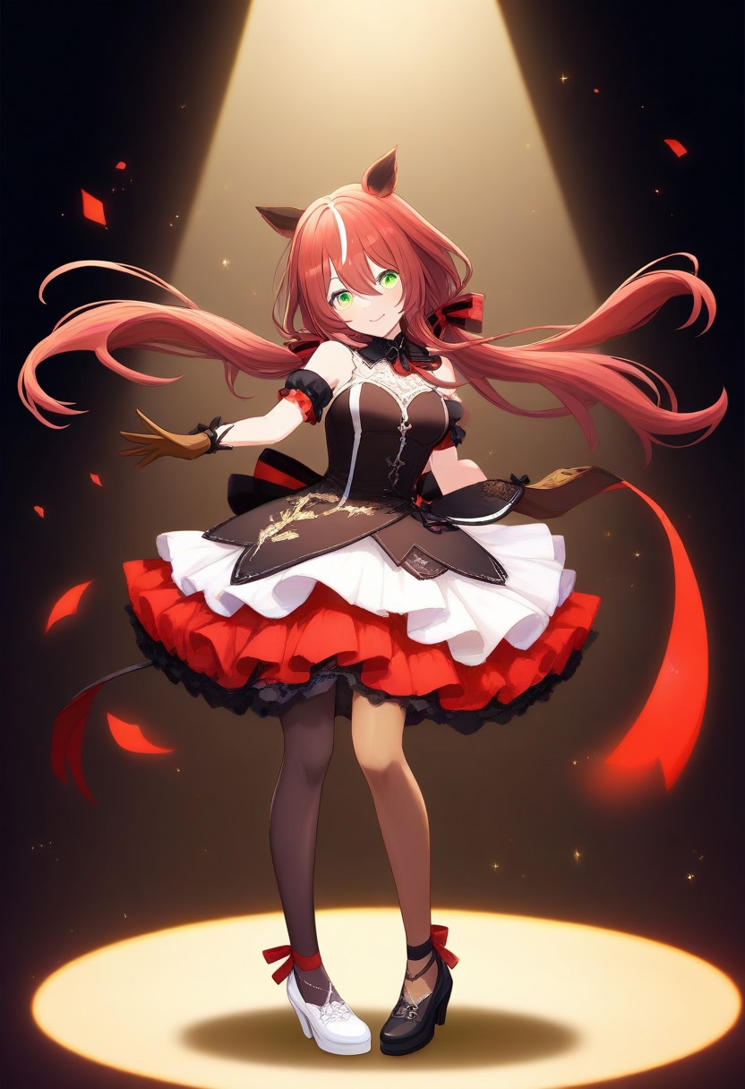 Jed-StickyN, confetti made of sticky notes, 
(win_variation_(umamusume), 1girl, solo, streaked_hair, tail, twintails, shobufuku,  )
frills, gloves, green_eyes, grey_background, hair_between_eyes, hair_ornament, horse_ears, horse_girl, horse_tail, long_hair, low_twintails, mismatched_footwear, multicolored_hair, pantyhose, 
(pleated_skirt, red_dress, red_hair, shoes, short_sleeves, skirt, small_breasts, smile,  looking_at viewer, bangs, hair_between eyes, bare_shoulders, full_body, black_pantyhose, brown_gloves, dancing, red_spotlight, black_footwear, white_footwear, mismatch_footwear, dynamic_pose,  very_long_hair, animal_ears, asymmetrical_footwear, black_gloves, black_shoes, brown_pantyhose, character_name, closed_mouth, dress, floating_hair, frilled_sleeves,, white_hair, white_shoes, white_skirt : 0.7)