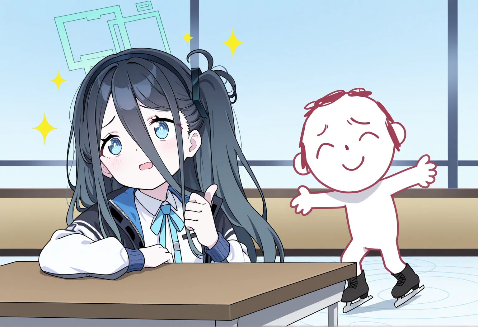 anime screenshot, anime screencap, anime coloring,  look_at_my_tsukasa, parody, sparkles, upper body, thumbs up, table, 1girl, aris \(blue archive\),  <lora:Look_at_my_Tsukasa_medalist_meme:1>
BREAK
anime screenshot, anime screencap, anime coloring, doodle sensei \(blue archive\), ice skates, masterpiece, best quality, amazing quality, very aesthetic, absurdres, highres, newest