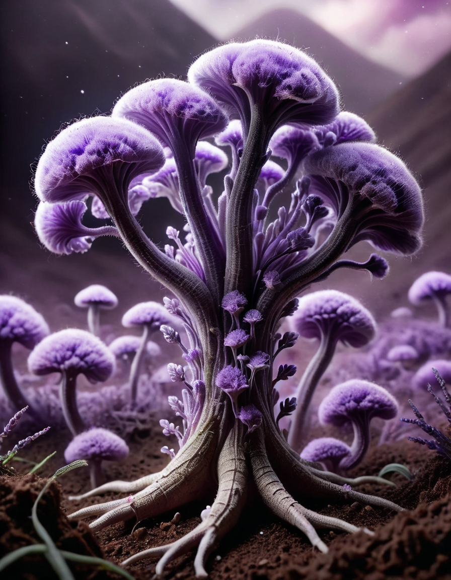 Sci-Fi, Fungus, Depressing, Lavender hue, made out of ral-vcnafbrc <lora:ral-vcnafbrc-sdxl:0.85>, epic composition, fine detail, dynamic cinematic color, full color, delicate, intricate detail, magical composition, quality, epic