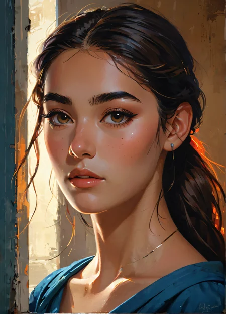 impactful paint of a young greek woman, from the side, looking at viewer, serene satiated expression, natural rim lighting, vibrant colors, reflections in eyes, <lora:The_Pulp_Session:0.8>,