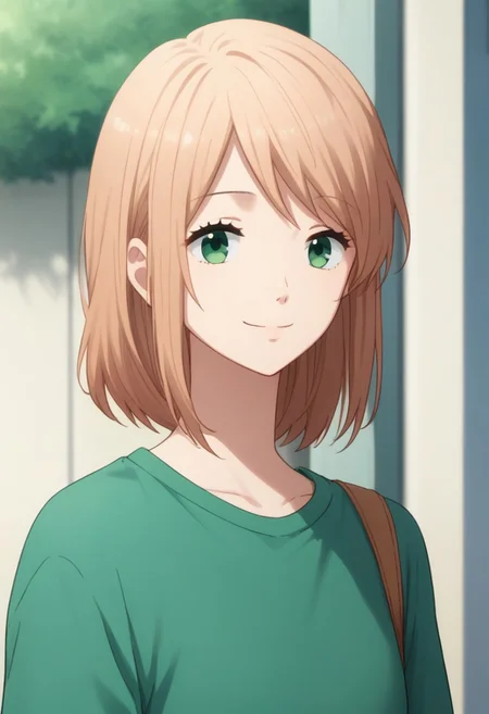 score_9, score_8_up, score_7_up, source_anime, highly detailed,
anna, 1girl, solo, green eyes, medium hair, bangs, peach blonde hair, shirt, green shirt, pants, upper body,
outdoor, smile