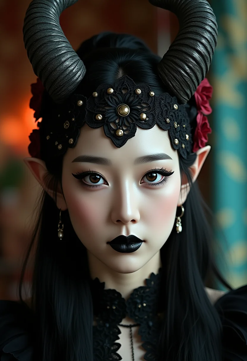 photo of a korean woman,A strikingly close up portrait of a beautiful young european woman is adorned with large, hazel eyes, slate grey horns with gold ornements that sweep majestically from her head, contrasting with her flawless, porcelain skin with intricate face tattoos. Her pointy ears add a mystical touch to her appearance, intricate black lace headdress,featuring circular floral patterns interwoven with red chrisanthemum. Her face is bold with dark dramatic, black eyeshadow, intricate embroidery black detailled makeup, black lips, highlighting her sharp features and giving her an intense, enchanting aura. She is wearing dark embroidery Gothic clothes. The scene is set in a magical, softly lit workshop filled with vibrant fabrics and mystical tools, reflecting her powerful and otherworldly presence. Bokeh, Rust teal background,anime art of girl/woman