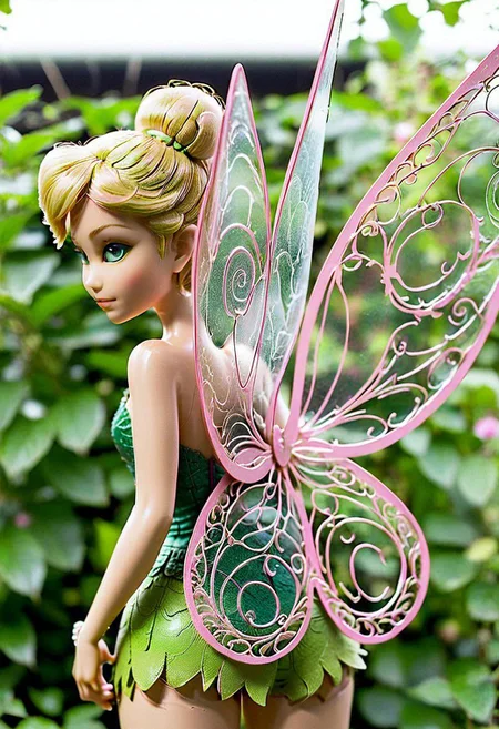 Tinker-Bell, back view, pink filigrane wings rooted in her back