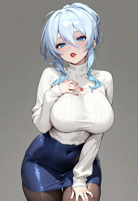 <lora:xnsd_20250405_naixl-vpred10-000008:0.8>, xnsd,
from_front, coyboy_shot, 1girl, solo, mm, mature female, light_blue_hair, hair bun, hair_between_eyes, blue_eyes, red_lipstick, glossy_lips, ribbed_sweater, turtleneck_sweater, jecket, open_jecket, large_breasts, blue_skirt, white_sweater, brown_pantyhose, light grey background,
masterpiece, best quality, very aesthetic, high quality, newest, very awa, crisp, absurdres, highres, high score, great score, absurdres, sexually_suggestive, detailed skin texture,