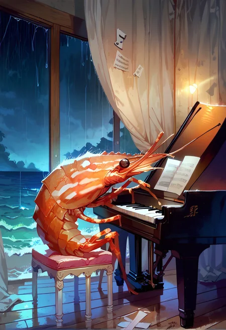 score_9, score_8_up, score_7_up, cute shrimp playing on piano, partitura, sitting, music notes, interior, white decorative plaster walls, marble floor, window, curtains, sea, beach, night, rain, city, fog clouds, thunderstorm,
