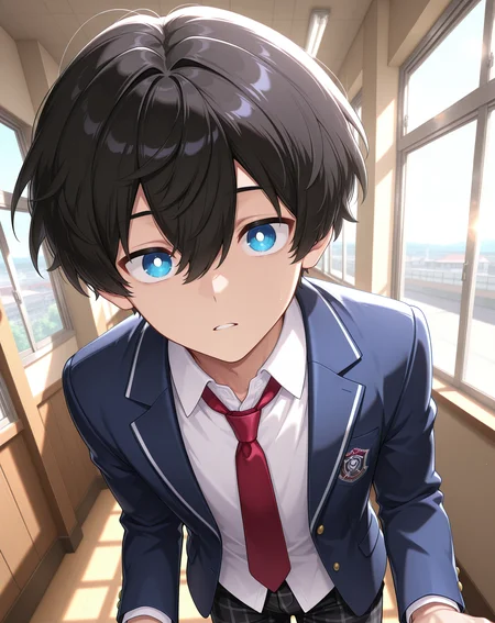 masterpiece,best quality,amazing quality, newest, very aesthetic, absurdres,
1boy, solo, yaoi, male focus, looking at viewer, cowboy shot,
<lora:Noah_Morpheus_ilxl:1> noahmo, black hair, hair between eyes, blue eyes, white pupils,
school uniform, white shirt, collared shirt, blue jacket, red necktie, black pants, plaid pants,
indoors, school, hallway, window, day, sun,