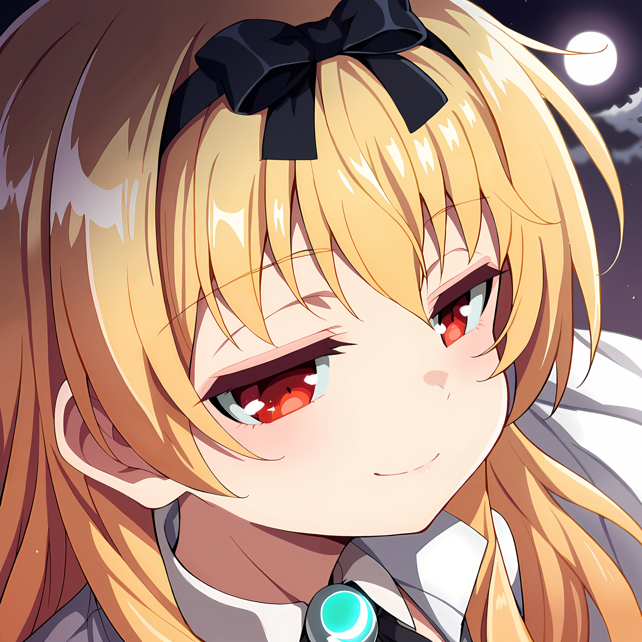 score_9, score_8_up, score_7_up,source_anime,gigantic glowing moon centered in background,face close-up,close-view,dynamic angle,(three-quarter view),,profile picture,1girl,Yue,young adult,glowing shining bright blonde hair,wide light smile,half-closed eyes,black hairband, hairbow, neck ribbon,girl head aligned with moon,highly detailed, detailed skin,8k,16k, beautiful