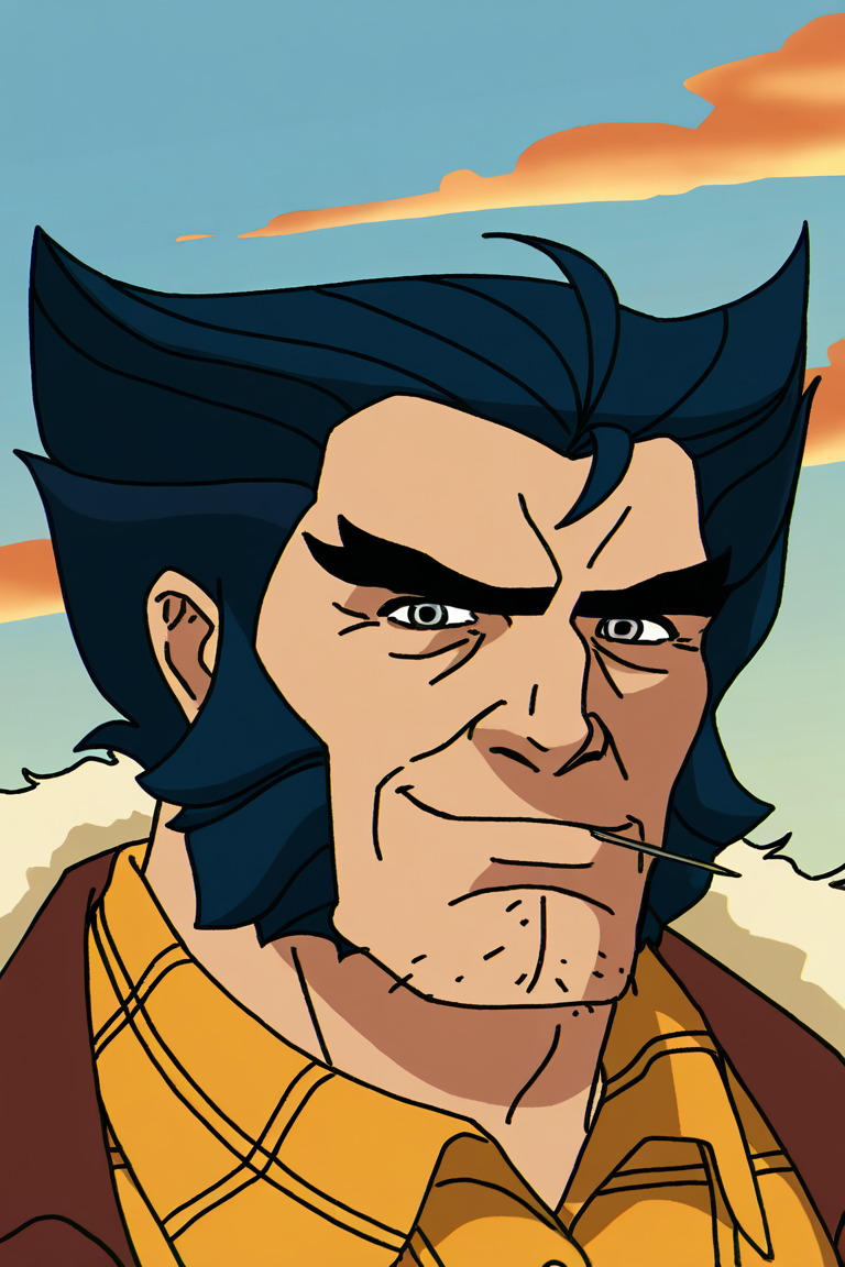 masterpiece, best quality, highres, newest, anime coloring, logan, 1boy, solo, male focus, mature male, short hair, dark blue hair, grey eyes, thick eyebrows, facial hair, stubble, cleft chin, long sideburns, mutton chops, wrinkled skin, manly, yellow shirt, plaid shirt, collared shirt, fur-trimmed jacket, brown jacket, smile, toothpick, looking at viewer, facing viewer, portrait, upper body, outdoors, blue sky, cloud, sunset <lora:Logan - X-Men 97 - v1.0 [LoRA] - NoobAI-XL EPS 1.0:0.8>