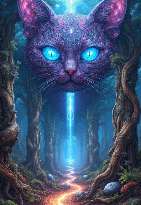 yfg-durer, Hyper-detailed digital painting, colossal cat-shaped structure with intricate patterns, giant blue eyes resembling galaxies, forest with tall, twisted trees, glowing pathways, surreal and fantastical environment, luminous and mystical lighting, highly detailed textures, otherworldly and magical atmosphere, vibrant and contrasting colors, ethereal background, sci-fi and fantasy fusion, otherworldly aura, complex and captivating design, mystical and enigmatic feel.