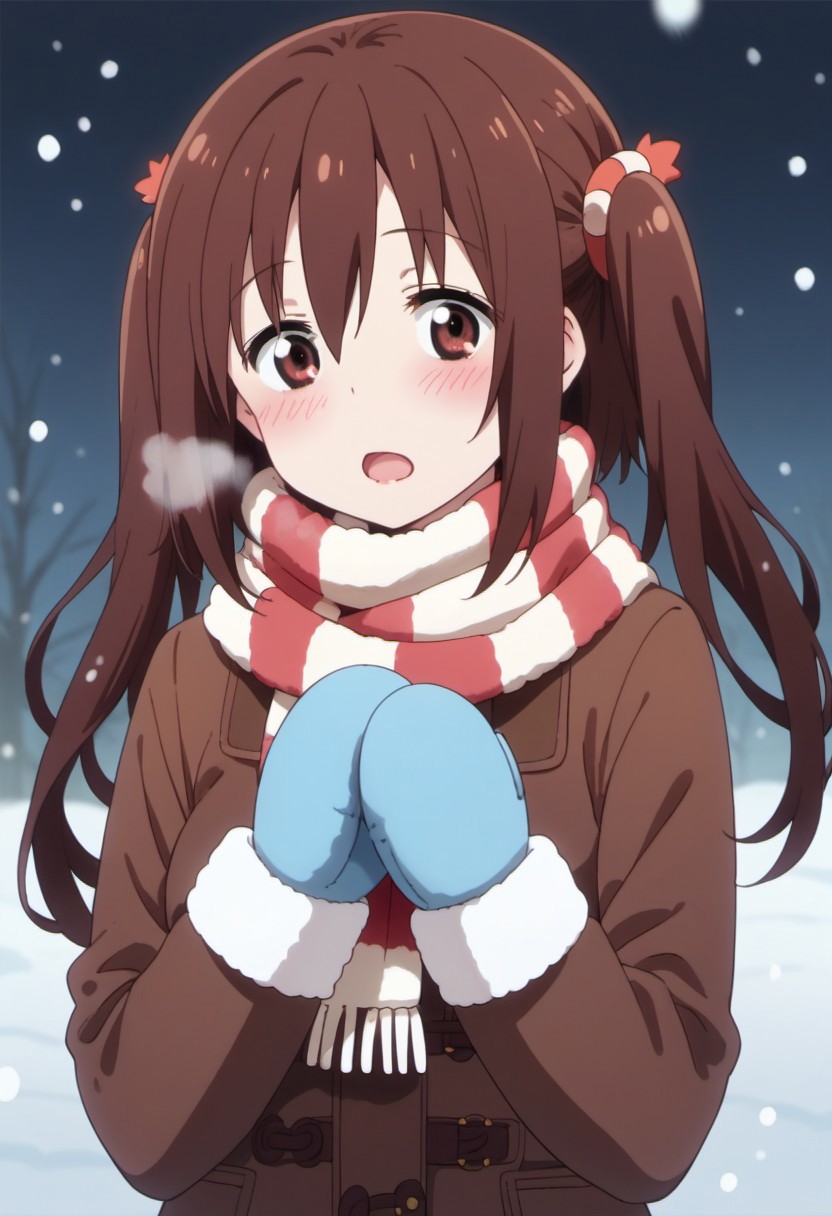 score_9, score_8_up, score_7_up, source_anime, nana ebina, cherry-brown hair, twintails, long hair, cherry-brown eyes, long hair, 1girl, solo, blush, open mouth, hair ornament, scarf, mittens, snowing, breath