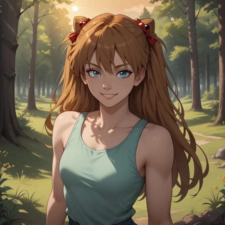 score_9, score_8, BREAK, solo, 1girl, asuka langley soryu, long hair, bangs, blue eyes, brown hair, hair ornament, tank top,light mint green tank top, blue shorts, sexy pose, self portrait, smile, outdoors, sunlight, shadows, evening lighting, natural lighting, forest, trees, grass, orange sky, sunset