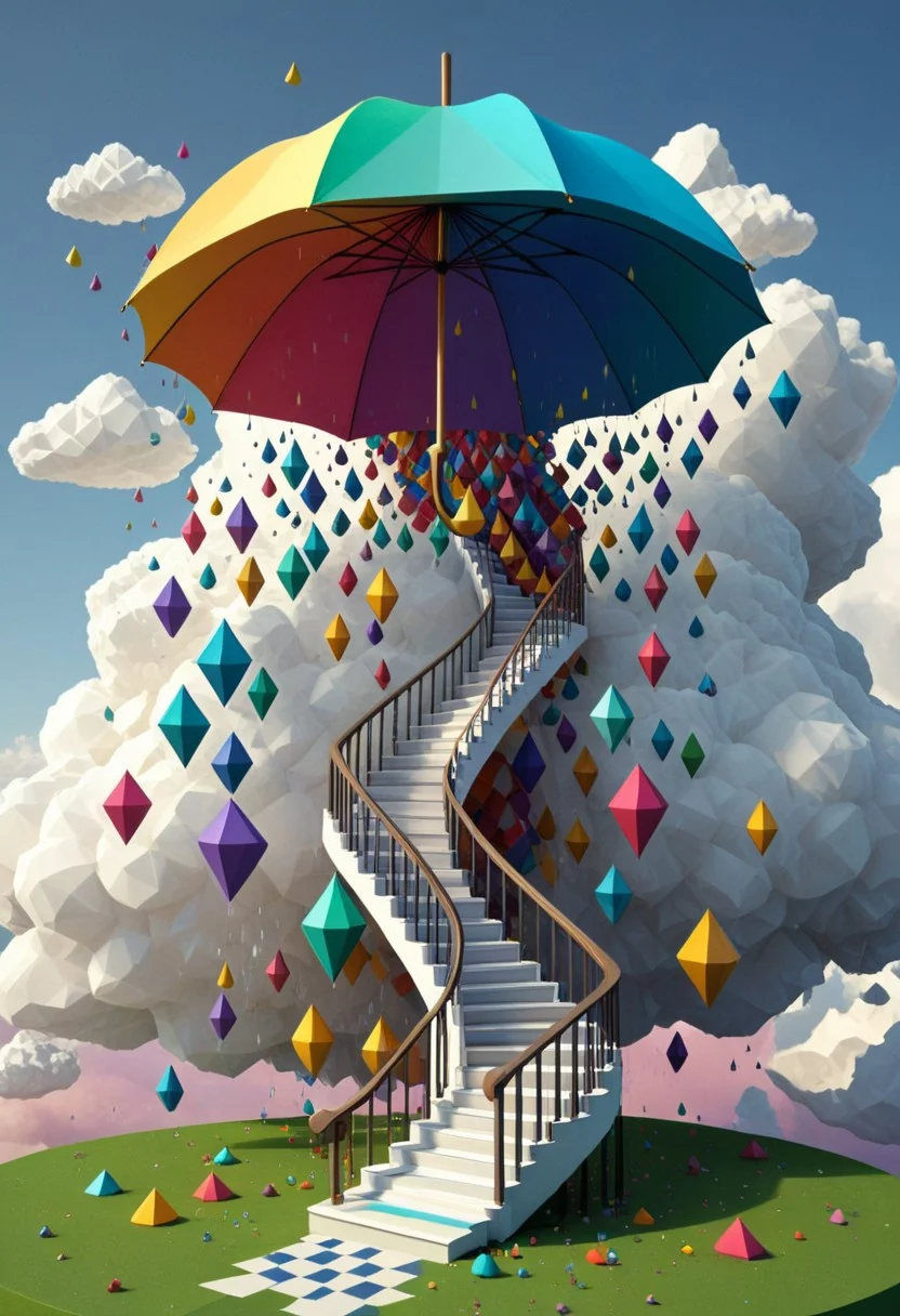 a cinematic and dramatic scene: endless architectural staircases in sharp fractal planes ascent into the sky where white clouds made of polygons hang heavy dropping multi-colored polygonal raindrops. Down on the ground a woman made of polygons holds a colorful polygonal umbrella over her head. storybook surrealism