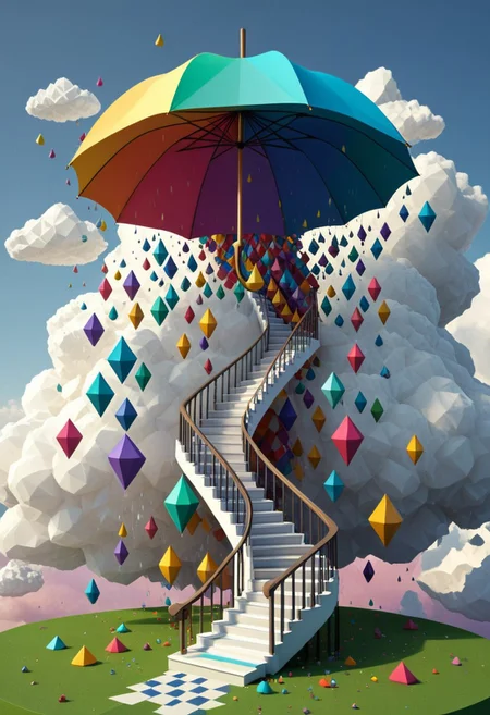 a cinematic and dramatic scene: endless architectural staircases in sharp fractal planes ascent into the sky where white clouds made of polygons hang heavy dropping multi-colored polygonal raindrops. Down on the ground a woman made of polygons holds a colorful polygonal umbrella over her head. storybook surrealism