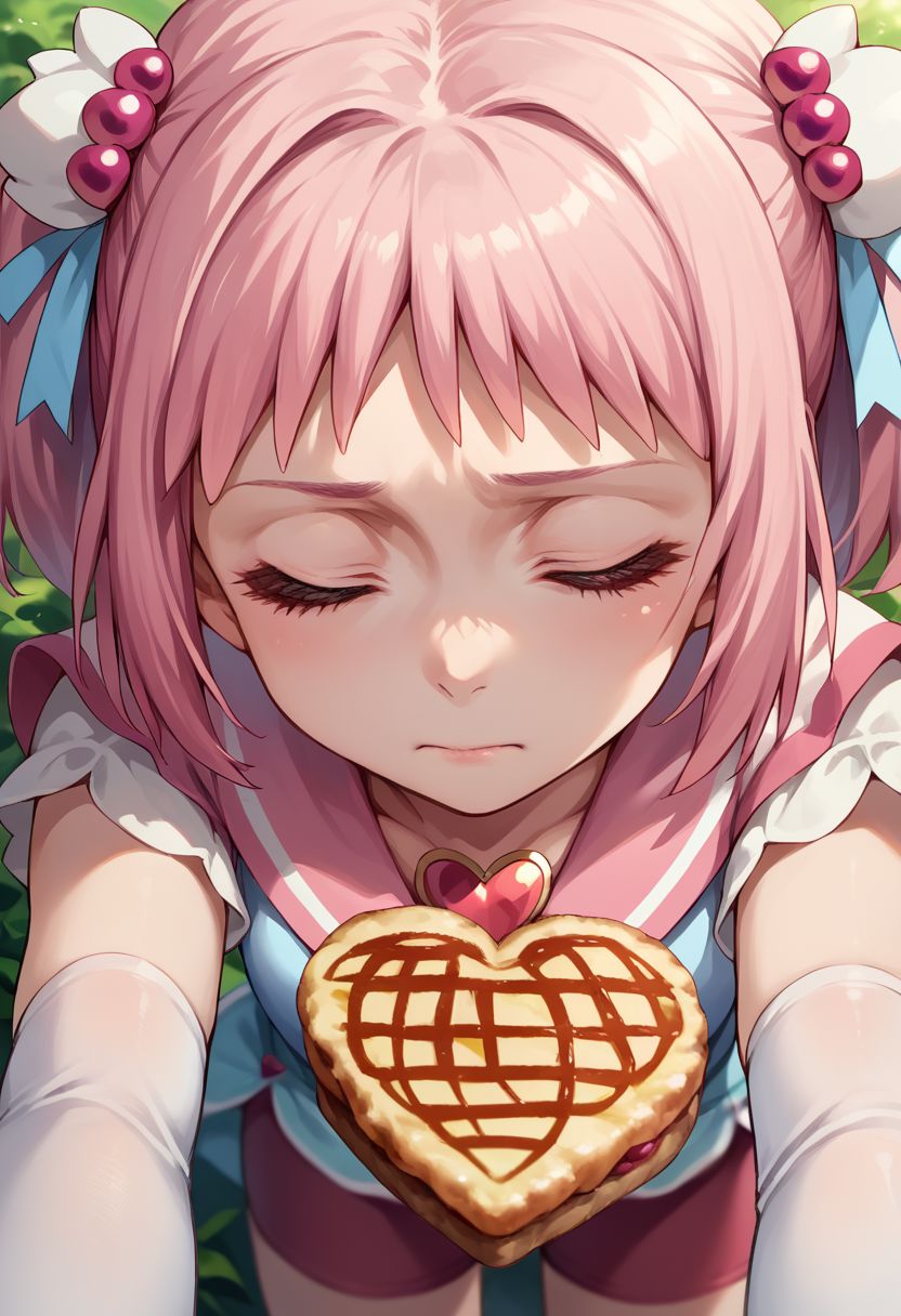 score_9, score_8_up, score_7_up, source_anime,
kiramekimamika, POV, closed eyes, bike shorts under skirt, elbow gloves, heart brooch, closed mouth, heart, hair ribbon, close-up, food