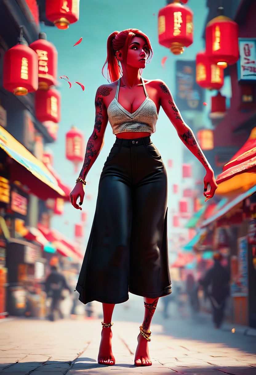 score_9, score_8_up, score_8, score_7_up, score_7, rating_safe, Jedtoon, cartoon, A stylish 19 year old Chinese fashionista. She is wearing a lace satin tank top, crimson red with gold thread embroidery, with visible cleavage. spaghetti straps, halter top, backless, naval piercing, geometric tattoos on upper arm, looking away, black satin pants with embroidery, flared legs, ankles, anklet, stilettos , open air market,
