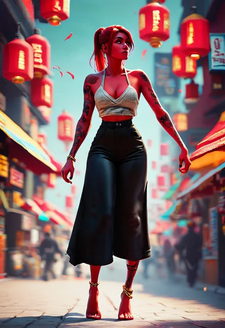 score_9, score_8_up, score_8, score_7_up, score_7, rating_safe, Jedtoon, cartoon, A stylish 19 year old Chinese fashionista. She is wearing a lace satin tank top, crimson red with gold thread embroidery, with visible cleavage. spaghetti straps, halter top, backless, naval piercing, geometric tattoos on upper arm, looking away, black satin pants with embroidery, flared legs, ankles, anklet, stilettos , open air market,