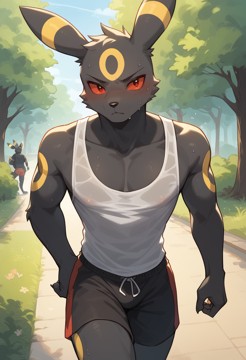 score_9, score_8_up, score_7_up,
((best quality)), absurdres,
<lora:UmbreonPXL:1> umbreonPXL, muscular figure, anthro, male, 1boy,
park, jogging, in motion,  tank top, short shorts, translucent topwear, sweat, outdoors, half body portrait, looking at viewer,
<lora:Smooth Anime Style LoRA XL:0.7> Smooth, Anime, <lora:Expressive_H:1> Expressiveh,