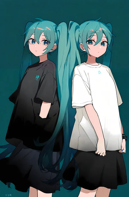 hatsune_miku, long_hair, shirt, skirt, multiple_girls, 2girls, very_long_hair, twintails, white_shirt, short_sleeves, black_skirt, aqua_eyes, black_shirt, aqua_hair, expressionless, t-shirt, blue_nails, dual_persona