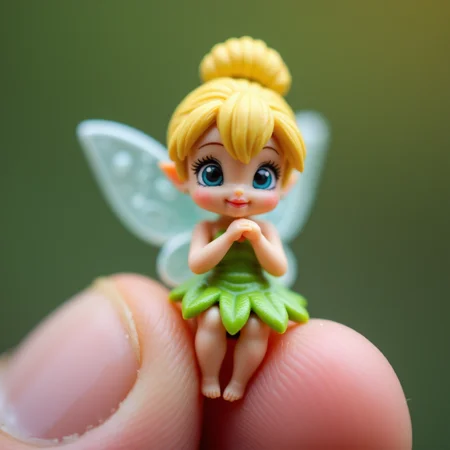 macro photography of a miniature cute TinkerWaifu at your fingertips, arms together in a cute way, solo focus, fairy wings, blue eyes, green dress, sexy, hair bun