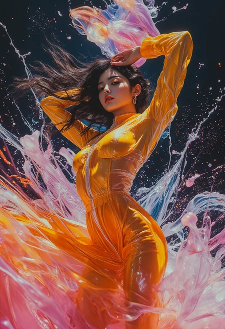 hyper-realism, splashing molten candy, expressive, vibrant colors, dynamic pose, dutch angle, glamorous, cinematic photography, dramatic lighting, intense pleasure, organic shapes that defy gravity