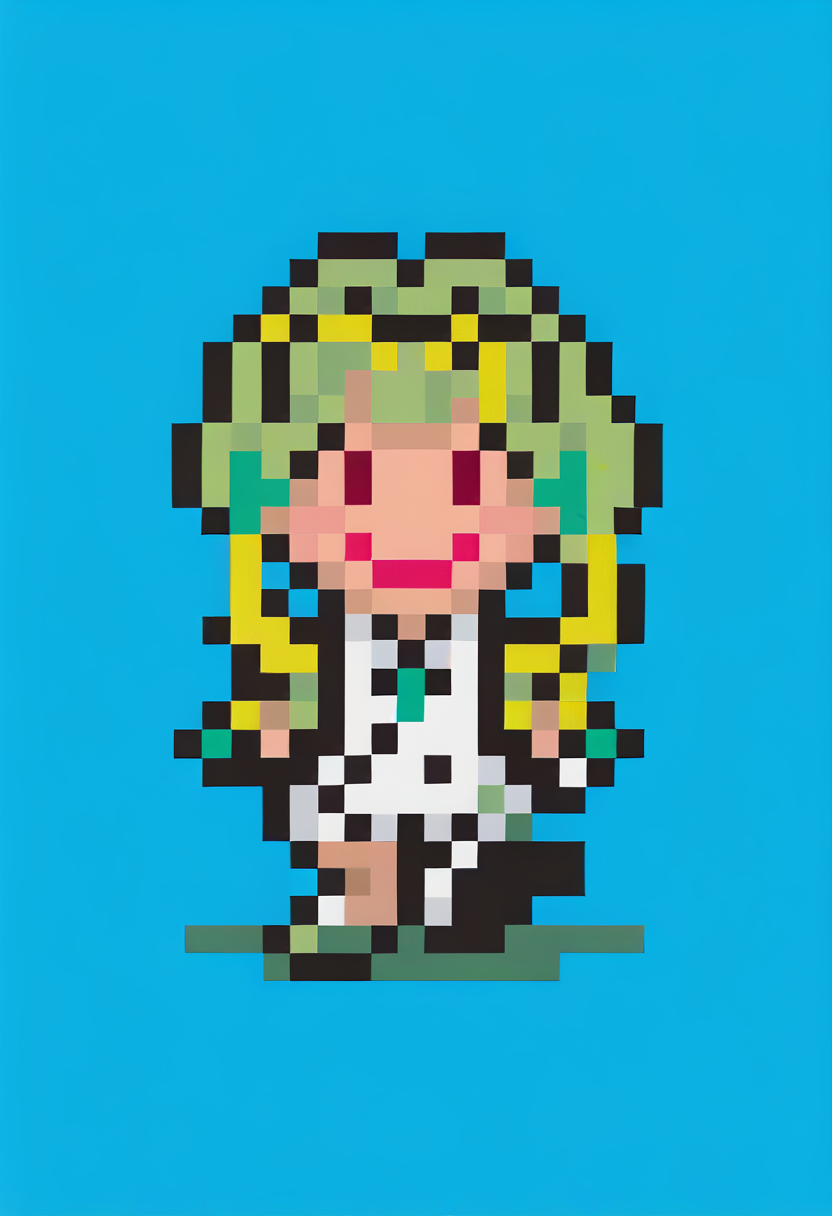 score_9, score_8_up, score_7_up, source_anime, 1girl, smile, <lora:EarthboundSpriteStyle-pdxl:1> pixel art, full body, standing, chibi, looking at viewer, blue background, <lora:Ringo-pdxl_Fp:1> ringosh2, short hair with long locks, green hair, multicolored hair, red eyes, hairband, white vest, white shorts, gloves, necktie, shirt, body markings, sleeveless, collared shirt, jacket, cropped jacket, fur trim