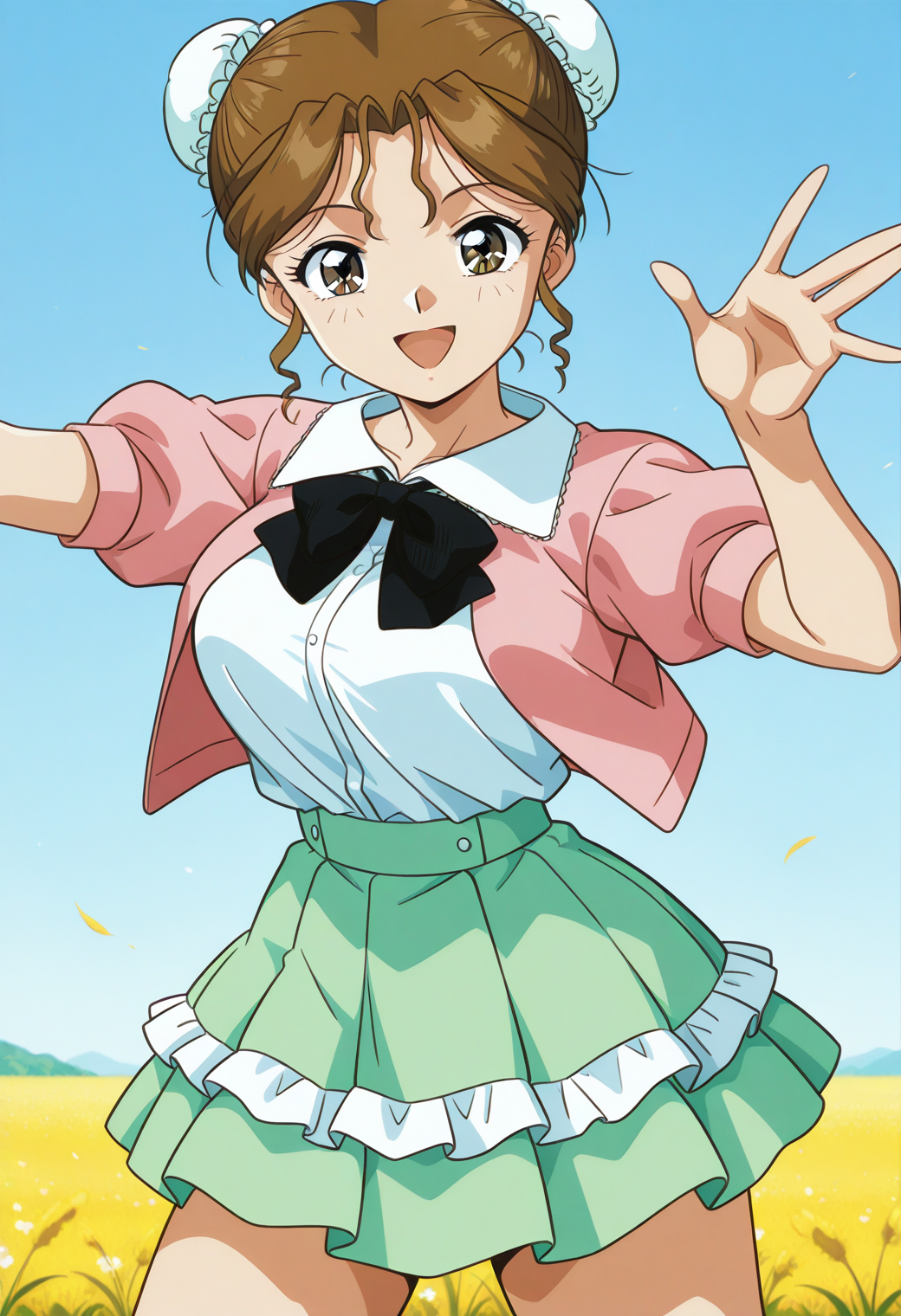sr5_akira, retro artstyle, brown eyes, brown hair, bun cover, black bowtie, pink jacket, white shirt, short sleeves, green skirt, frills skirt, <lora:SR5_akira_illustrious_ver1:0.8> 
smile, open mouth,, masterpiece, best quality, sensitive,, 1girl, solo, (field:1.2), (blue sky:1.2), looking at viewer,, (cowboy shot, dynamic pose:1.4),