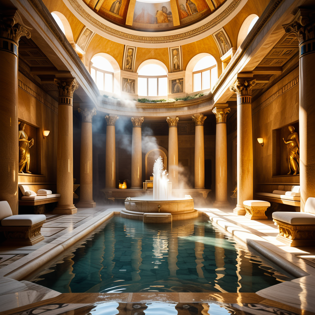 A highly detailed and realistic photograph of an ancient Roman sauna (thermae) from the time of Caesar, featuring grand marble architecture with intricate carvings and columns. The central bath is filled with steaming water, surrounded by polished marble tiles and mosaics depicting mythological scenes. The room is illuminated by natural light streaming through small openings in the high, domed ceiling, creating soft shadows and reflections on the water's surface. The atmosphere is hazy from the steam, and a few individuals dressed in Roman togas and tunics can be seen reclining on benches or chatting near the bath. The overall color palette includes shades of white, gold, and earthy tones, emphasizing the luxurious and serene environment.<lora:SDXLFaeTastic2400:0.4> <lora:extremely_detailed:0.4> extremely detailed, Masterpiece,best quality,hi res,8k,hi res,8k,award winning,(sharp focus, intricate, highly detailed),