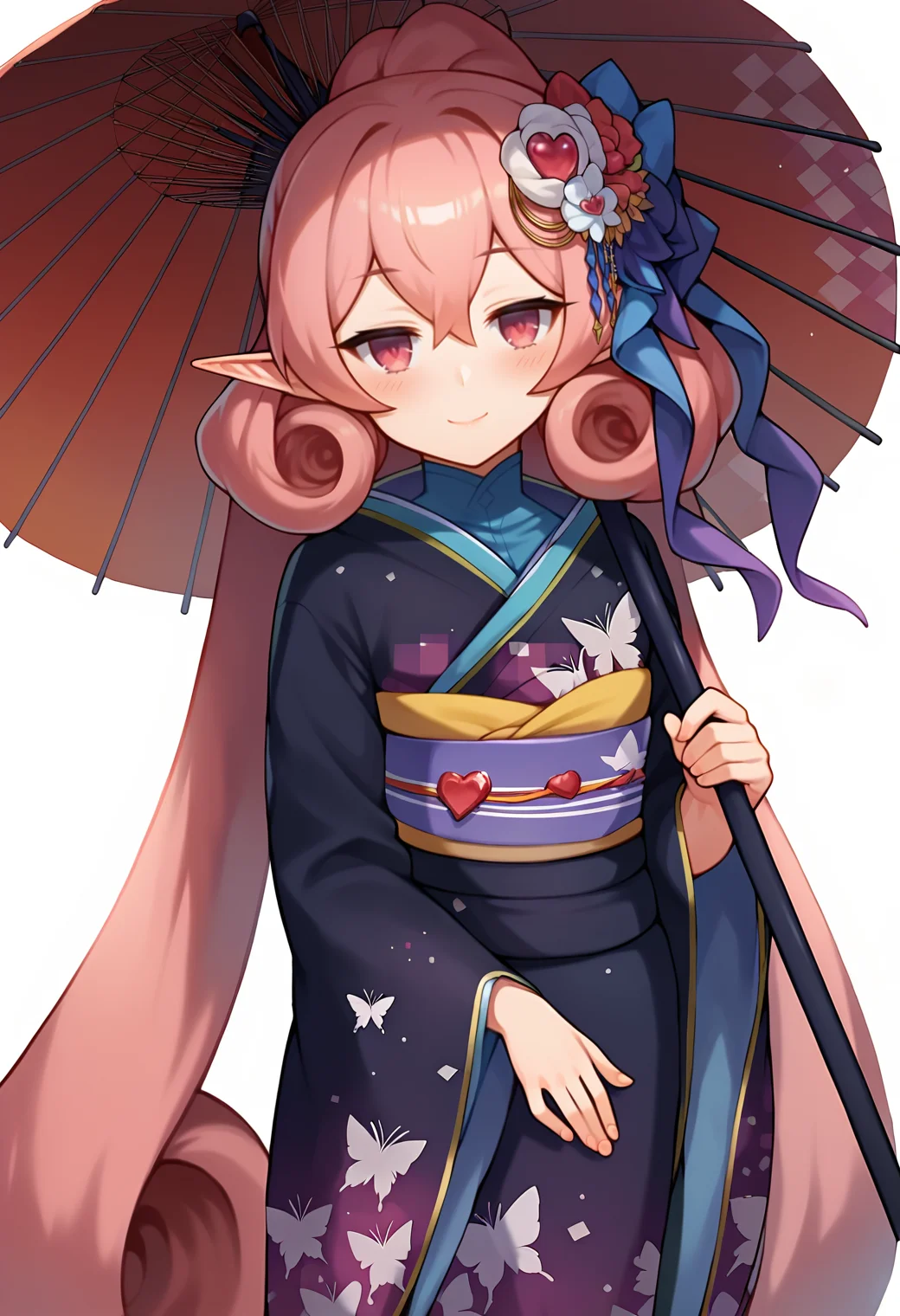 score_9, score_7_up, hd, (ultra hd quality details), source_anime, white background,
solo, 1girl, nenekapcr, pointy ears, very long hair, curly hair, twintails,
nnknewyear, hair flower, ponytail, gem, kimono, print kimono, butterfly print, obi, sash, umbrella, holding umbrella,
looking at viewer, blush, half-closed eyes, closed mouth, smile, head tilt,
standing,
<lora:_neneka_pcr-elesico-ponyr1:1>