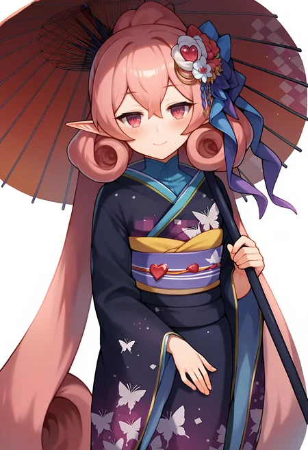 score_9, score_7_up, hd, (ultra hd quality details), source_anime, white background,
solo, 1girl, nenekapcr, pointy ears, very long hair, curly hair, twintails,
nnknewyear, hair flower, ponytail, gem, kimono, print kimono, butterfly print, obi, sash, umbrella, holding umbrella,
looking at viewer, blush, half-closed eyes, closed mouth, smile, head tilt,
standing,
<lora:_neneka_pcr-elesico-ponyr1:1>