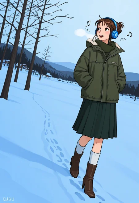 1girl,lonely gaze, upper teeth,  walking in snow, lonely face, hands in pockets, long socks, looking at the horizon, headphones, music sounds, trees, winter countryside, Jfk_style , high heel boots, dynamic angle, skirt, dark green woolen jacket, brown hair, slightly undone updo, looking at the horizon, , delicate physic, coloring page