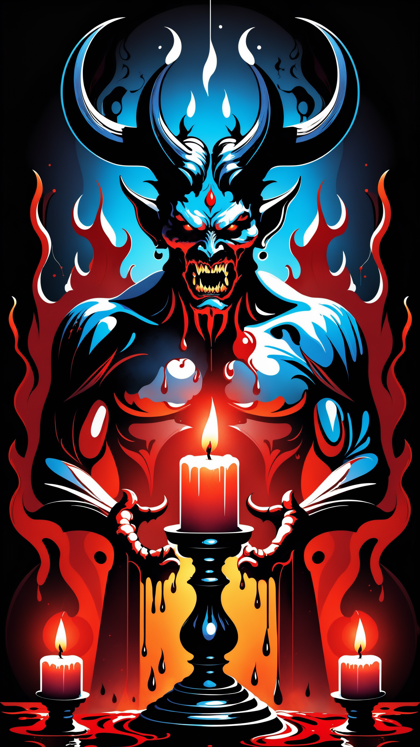 Portrait of a terrifying demon, candles, in a dark room, explosion of liquid splash blood, highly detailed, fantasy background, illustration