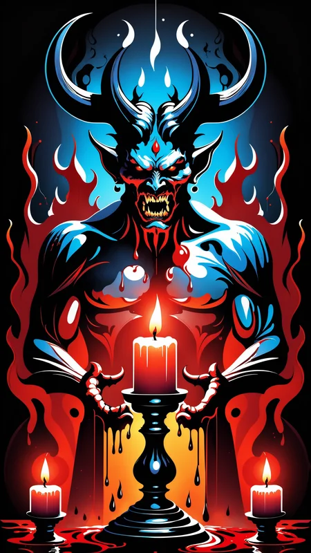 Portrait of a terrifying demon, candles, in a dark room, explosion of liquid splash blood, highly detailed, fantasy background, illustration