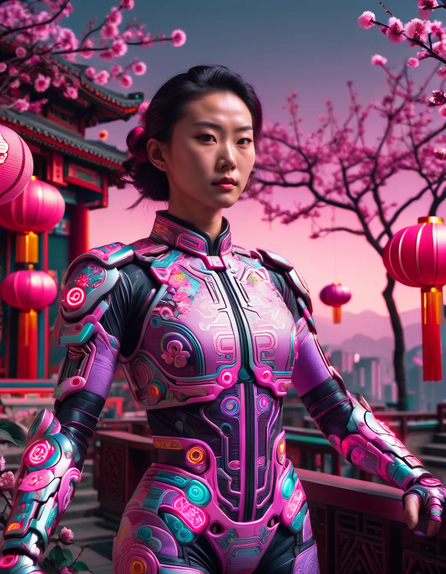 cyberpunk, scifi, 1980s, retro fabric, neon colored ral-springfestival Neon Mauve outline, cyborg, RAW photo, subject, 8k uhd, dslr, soft lighting, high quality, film grain, Fujifilm XT3, ral-springfestival landscape <lora:ral-springfestival:1>
