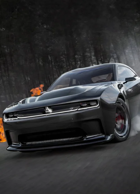 <lora:ChargerConceptSDXL_v1:1> black chargerconcept,  from front, highlights, tire smoke, dramatic,
realistic, cinematic, highly detailed,
