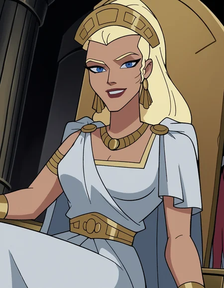 score_9, score_8_up, score_7_up, source_anime,
hippolyta, <lora:hippolyta-dcau-ponyxl-lora-nochekaiser:1>,
hippolyta, long hair, blue eyes, blonde hair, makeup, lipstick,
dress, jewelry, earrings, cape, white dress, necklace, crown, tiara,
indoors, throne, sitting, smile,
cowboy shot, looking at viewer, solo, dutch angle,