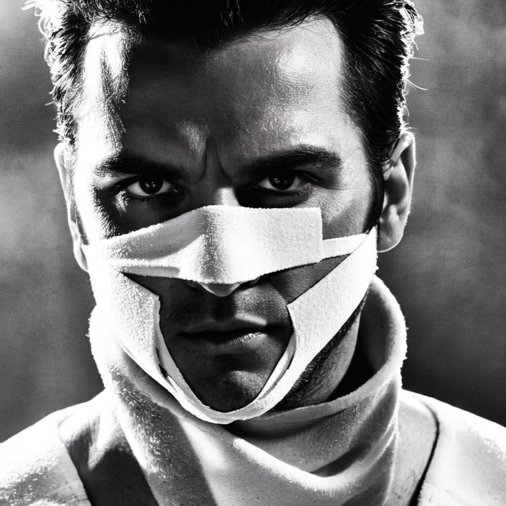 <lora:Sin City:1> 
a man with shiney white bandages on his face Sin City style