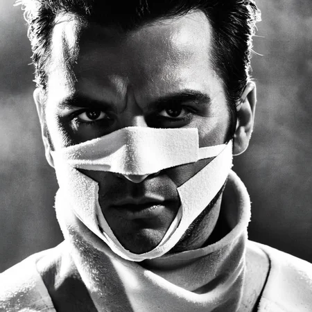 <lora:Sin City:1> 
a man with shiney white bandages on his face Sin City style