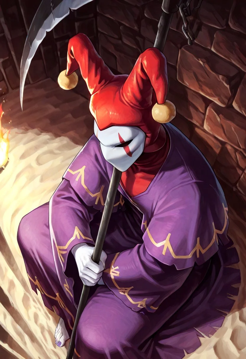 score_9,score_8,score_7,source_furry, (masterpiece, best quality, high quality:1.2), detailed hands,character focus, detailed skins, body blush, cinematic shadow, character focus, ultra detailed background, <solo:1.5>, <1boy:1.5>, (anime:3.5), (official:3.5), (dynamic sitting:1.8),
chariotsaga, 1boy, solo, male focus, from above,
jester, red headwear, looking at viewer, white skin, jester cap, pom pom (clothes), (faceless mask:1.2), facepaint, hat, robe, purple robe, torn robes, long sleeves, wide sleeves, barefoot, light gray color nails, holding, scythe, weapon, holding scythe, holding weapon,
ancient ruin background, indoor, dark orange stone wide rooms, torch wall, darkness, sand, desert,