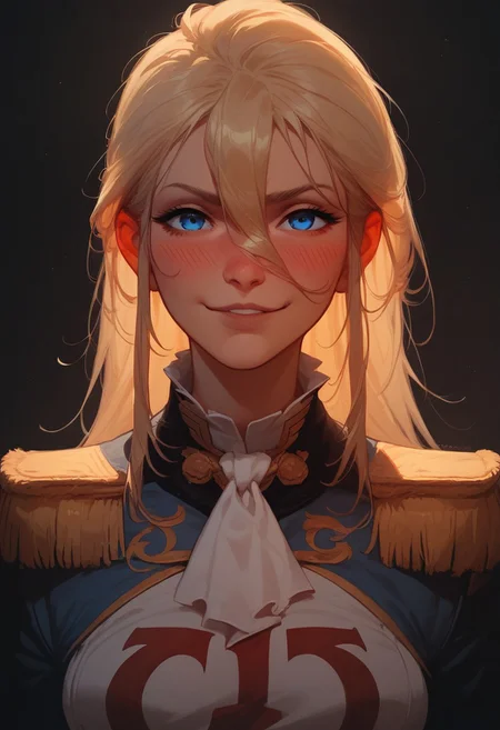 score_9, score_8_up, score_7_up, score_6_up, score_5_up, 1girl, solo, sexy 20 year old, perfect body, fair skin, cute face, blonde hair, hair in-between eyes, blue eyes, (smirking:0.7), blush, (pink nose:0.7), uniform, dramatic lighting, Thalia
