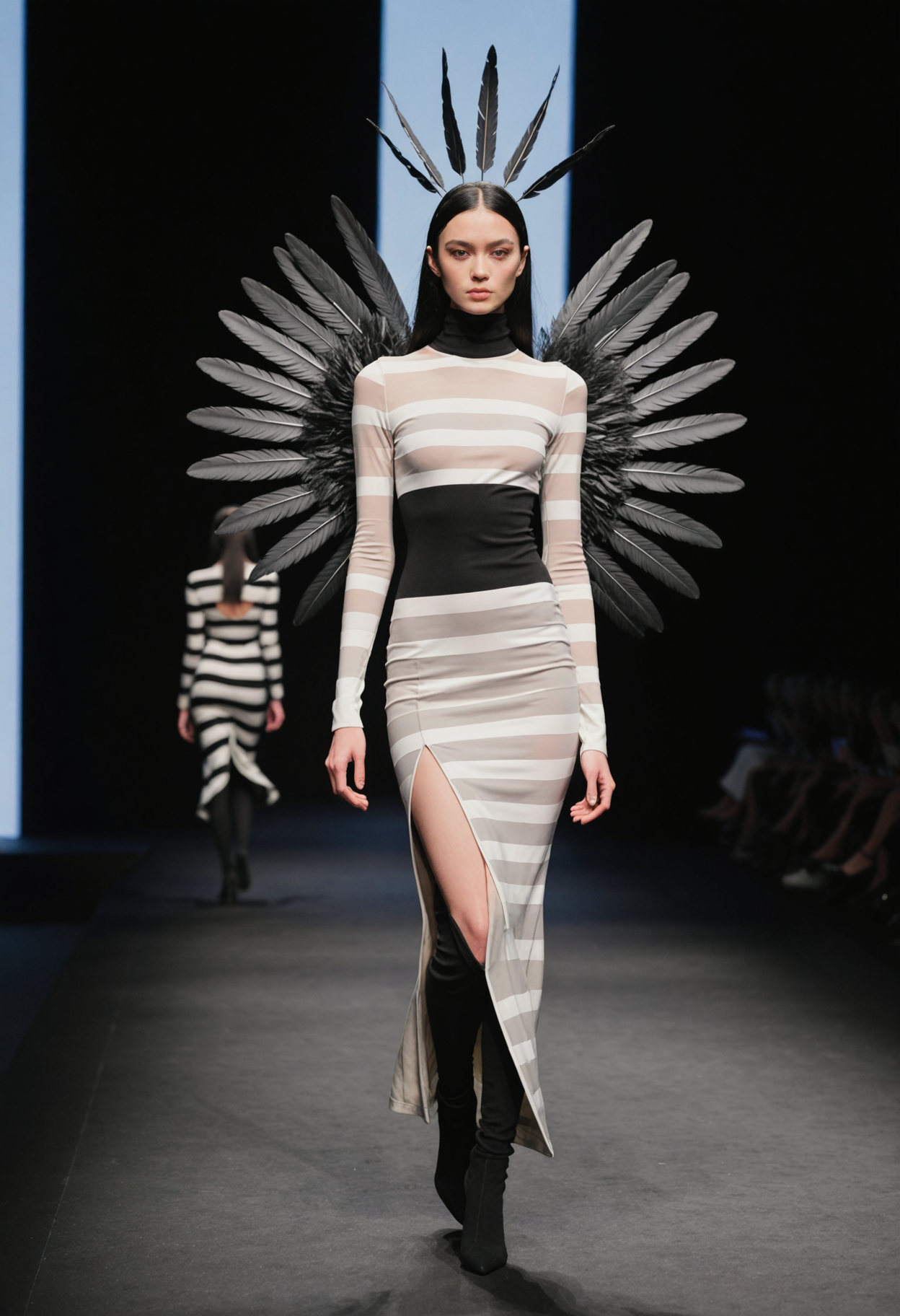 This is a photograph of a fashion model walking down a runway during a fashion show. The model is dressed in an avant-garde, full-body outfit that features horizontal stripes in alternating shades of gray and beige. The garment is long-sleeved and extends to the floor, with a high neck and a slightly form-fitting silhouette. The model's head is adorned with a striking headdress made of black feathers, resembling wings, which add a dramatic and surreal element to the ensemble.  The background is minimalist, with a gradient of dark tones that fade into lighter shades towards the bottom, likely indicating the stage lighting. The runway itself is a smooth, polished surface with a subtle reflective quality, enhancing the overall sleek and modern aesthetic of the setting. The model's expression is neutral, and they maintain a poised stance, with one arm slightly bent and the other relaxed by their side. The overall mood of the image is one of elegance and modern artistry, blending fashion and performance art.    1girl, solo, long_hair, looking_at_viewer, black_hair, long_sleeves, dress, standing, full_body, striped_clothes, long_dress, striped_dress
