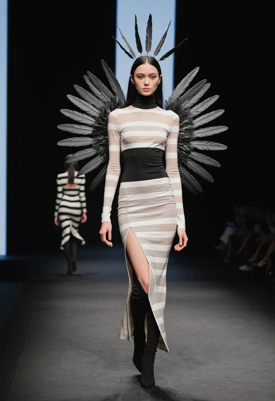 This is a photograph of a fashion model walking down a runway during a fashion show. The model is dressed in an avant-garde, full-body outfit that features horizontal stripes in alternating shades of gray and beige. The garment is long-sleeved and extends to the floor, with a high neck and a slightly form-fitting silhouette. The model's head is adorned with a striking headdress made of black feathers, resembling wings, which add a dramatic and surreal element to the ensemble.  The background is minimalist, with a gradient of dark tones that fade into lighter shades towards the bottom, likely indicating the stage lighting. The runway itself is a smooth, polished surface with a subtle reflective quality, enhancing the overall sleek and modern aesthetic of the setting. The model's expression is neutral, and they maintain a poised stance, with one arm slightly bent and the other relaxed by their side. The overall mood of the image is one of elegance and modern artistry, blending fashion and performance art.    1girl, solo, long_hair, looking_at_viewer, black_hair, long_sleeves, dress, standing, full_body, striped_clothes, long_dress, striped_dress