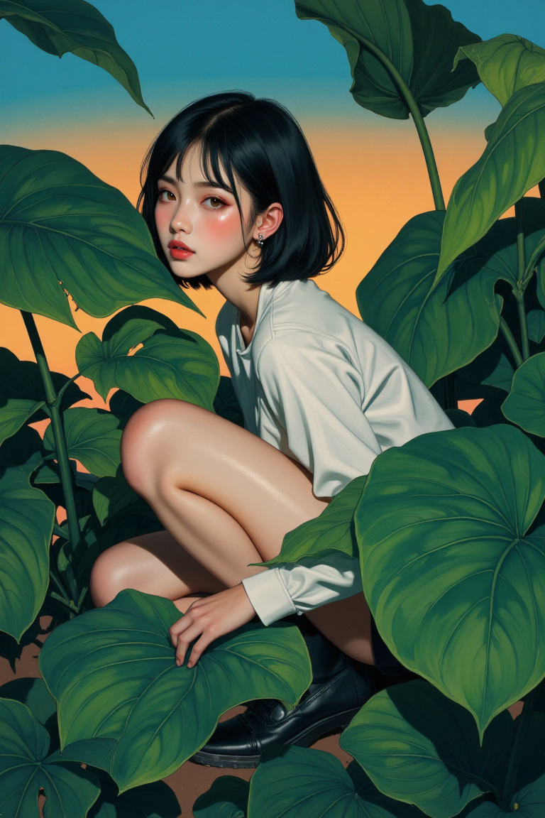 This is a digital artwork featuring a cute Asian adult woman with delicate features and short, dark hair, crouching among large, vibrant green leaves. The woman is dressed in a white long-sleeve shirt and dark shorts, which contrast with her smooth, fair skin. She is positioned in a low, crouching posture, with one hand gripping a large leaf for support. The leaves are smooth and have a glossy texture, with deep green hues and visible veins, suggesting they are real or stylized plant leaves.  
The background is a gradient transitioning from a deep blue at the top to a warm orange at the bottom, creating a dramatic and dynamic effect. This gradient suggests either a sunrise or sunset, adding a sense of time and movement to the scene. The lighting in the image is soft, casting subtle shadows that enhance the texture of the leaves and the woman's body.  
The overall style of the artwork is highly stylized, with smooth, almost liquid-like lines and a focus on color gradients and shadows to create depth and realism. The composition is balanced, with the woman's figure centered and the leaves framing her, making the image visually engaging and captivating.