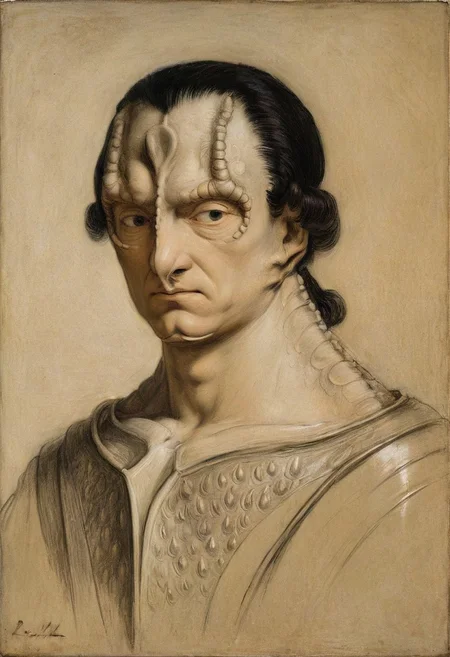 masterpiece oil painting by Rembrandt and Leonardo da Vinci, upper body renaissance portrait oil painting of (a male c4rd45514n alien, forehead crest, grey skin, ridges, scales), militaristic general, black hair slicked back