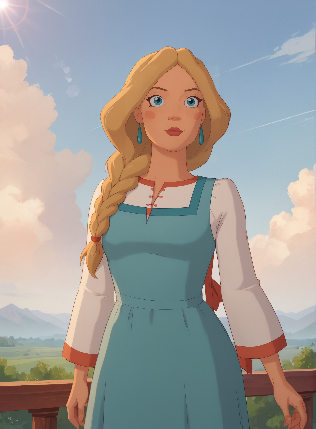 score_9, score_8_up, score_7_up, 1girl, nastasya, white and blue dress, portrait, cowboy shot, outdoors, clouds, lens flare,  <lora:melnica_girls_pxl_v1.1:0.8>