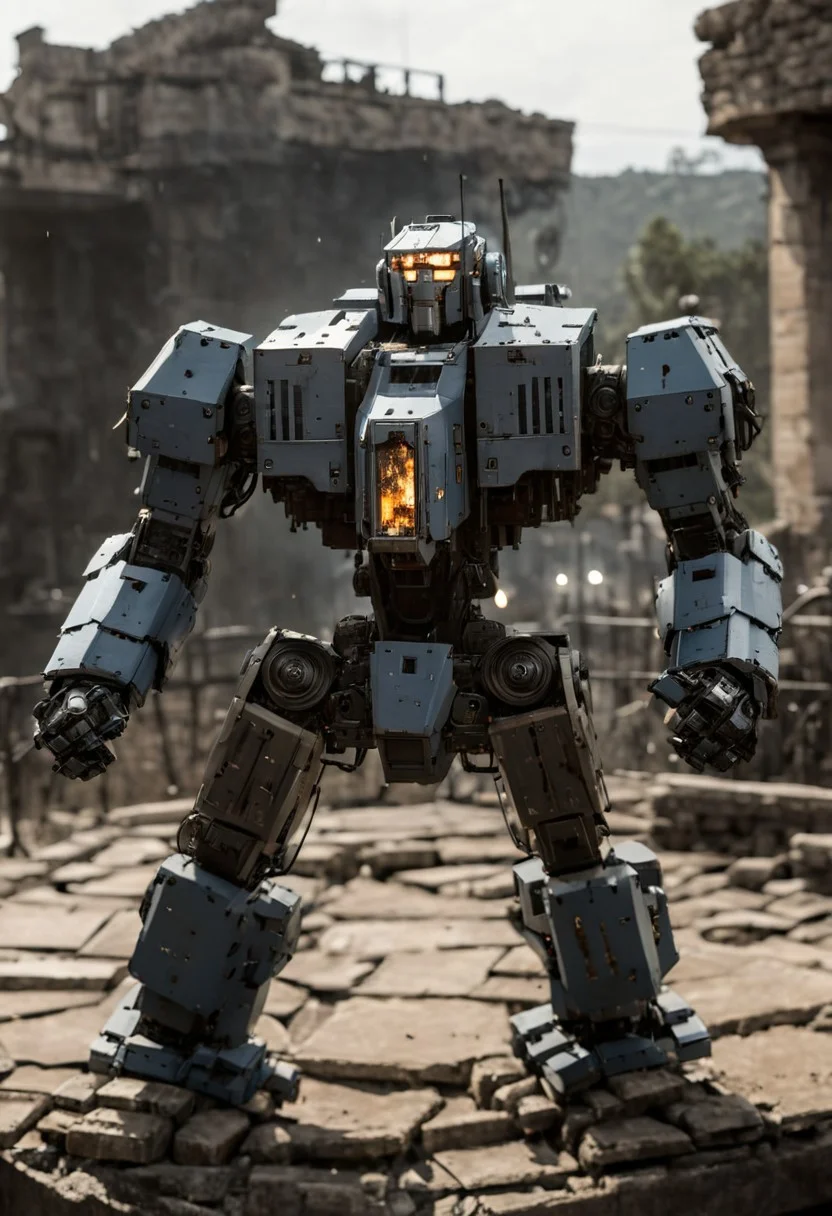 photograph, highly detailed, mecha, robot, war machine, day, glass windsheild, outdoors, ruins, battle, size difference, cold light, burning, firing
