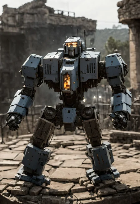 photograph, highly detailed, mecha, robot, war machine, day, glass windsheild, outdoors, ruins, battle, size difference, cold light, burning, firing